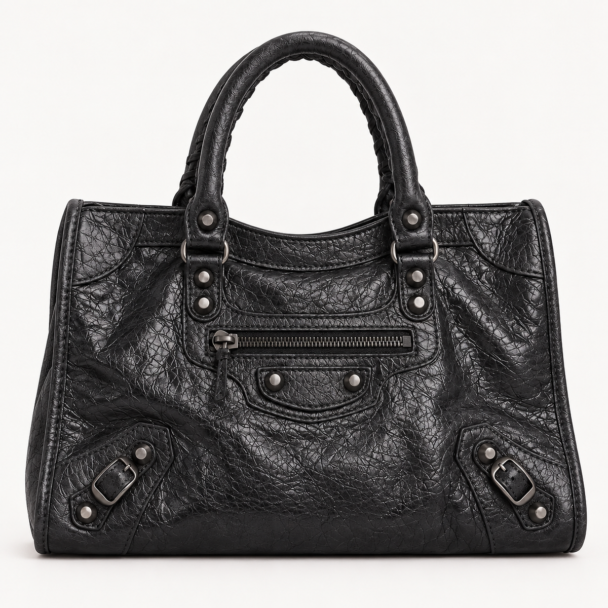 Black Medium Leather Shoulder Bag with Moto Stud and Buckle Details