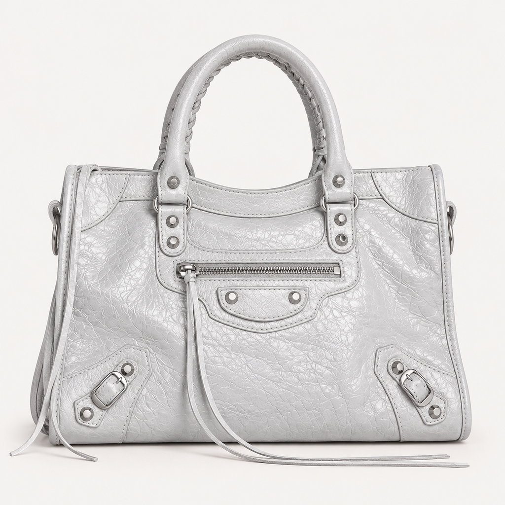 Light Gray Medium Leather Shoulder Bag with Moto Stud and Buckle Details
