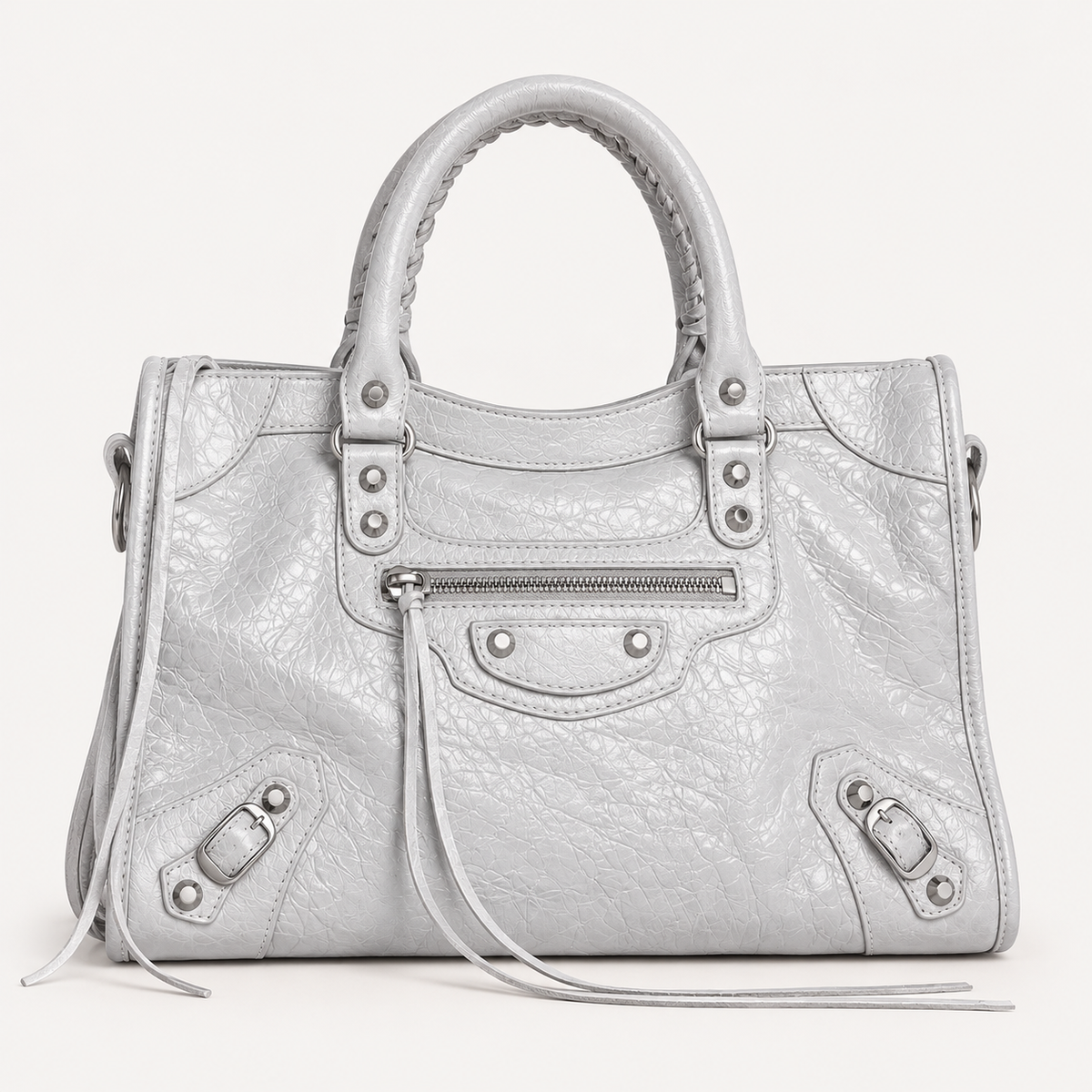 Light Gray Medium Leather Shoulder Bag with Moto Stud and Buckle Details
