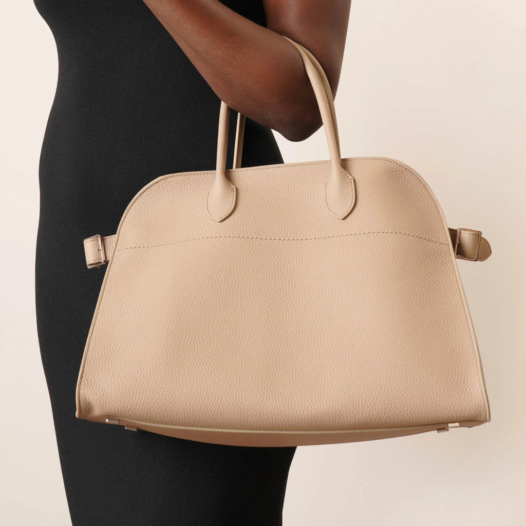 Margaux15 taupe grained leather bag with silver hardware model shot