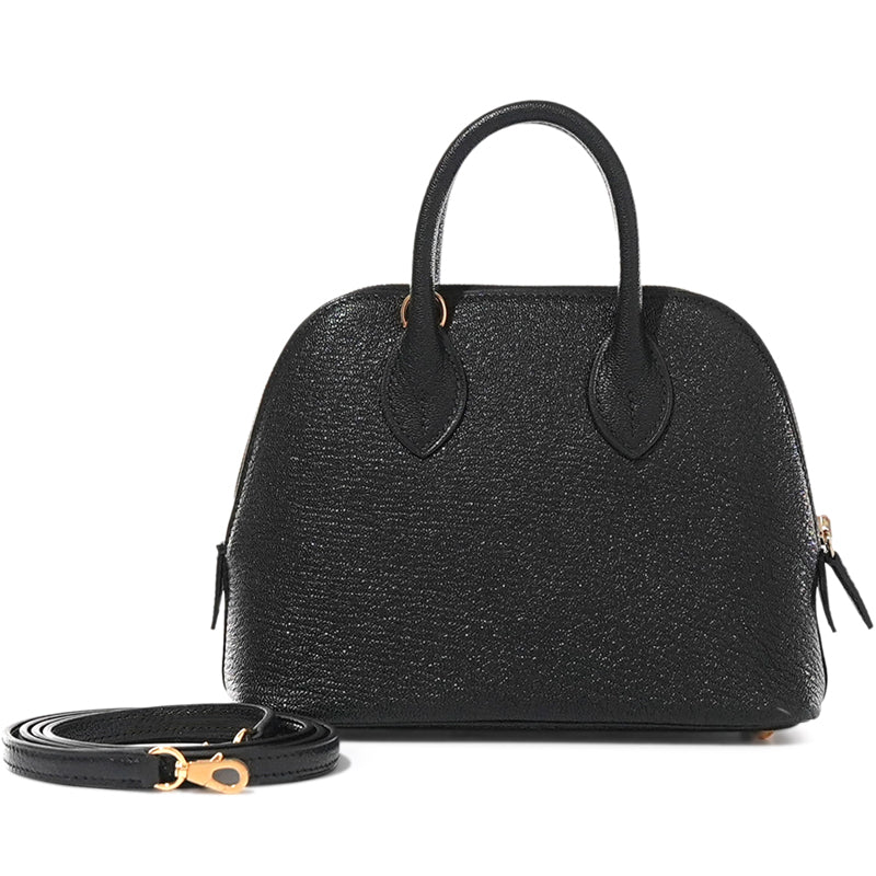 Black Structured Dome Satchel Bag with Gold Hardware and Top Handle