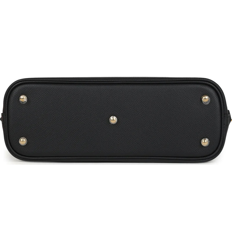 Black Structured Dome Satchel Bag with Gold Hardware and Top Handle