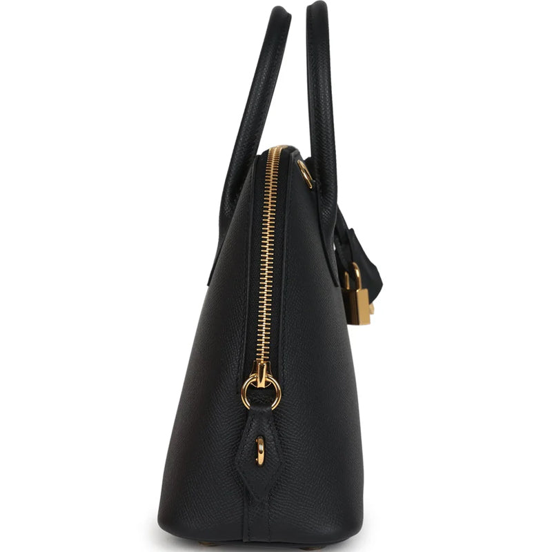 Black Structured Dome Satchel Bag with Gold Hardware and Top Handle