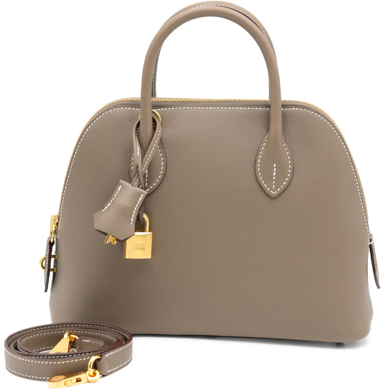 Khaki Grey Dome Purse – Chic Structured Design with Gold Detailing