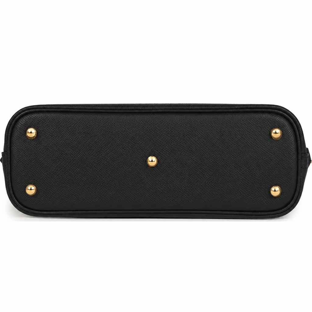 Black Structured Dome Satchel Bag with Gold Hardware and Top Handle