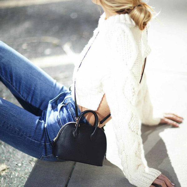 Structured Mini Dome Satchel Bag in Black Vegan Leather with Crossbody Strap