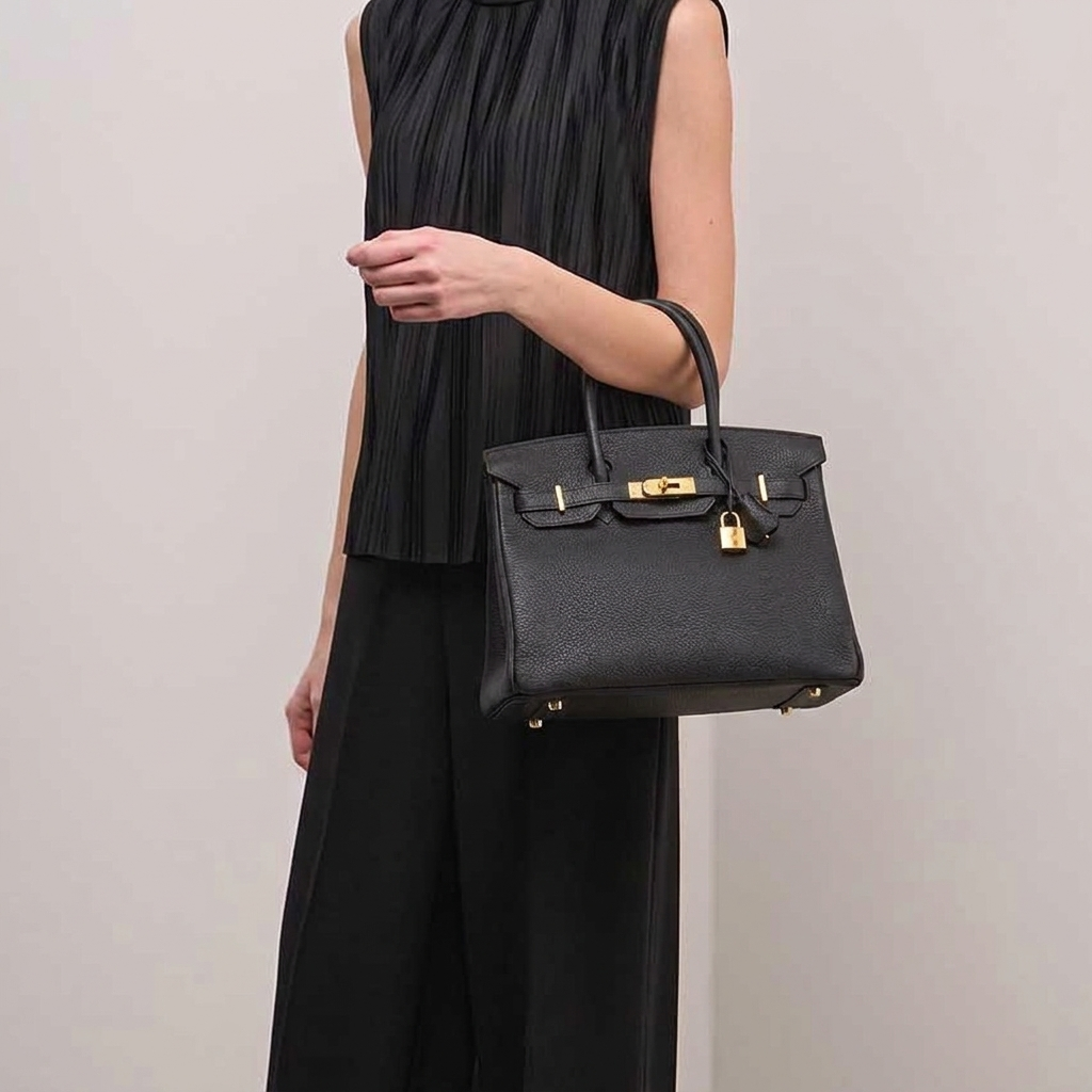 Classic 30 structured togo leather tote in black — model shot