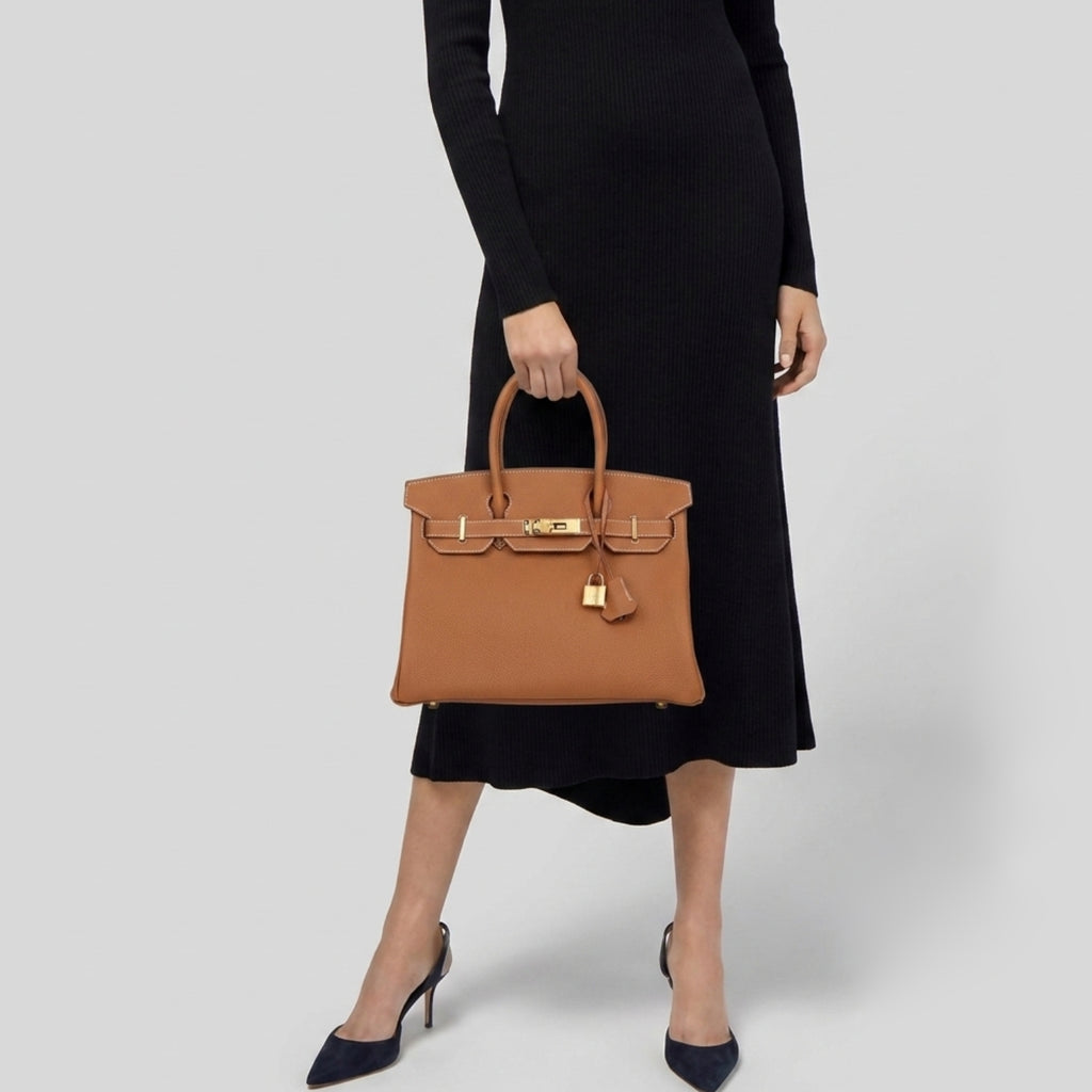 Classic 30 structured togo leather tote in brown — model shot