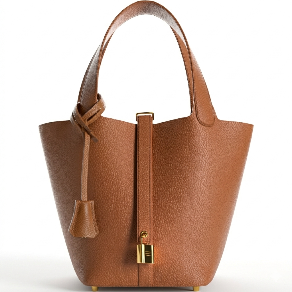 Luxury gold leather bucket  picotin18 bag in premium leather with mini lock design and gold-tone hardware, elegant everyday handbag.