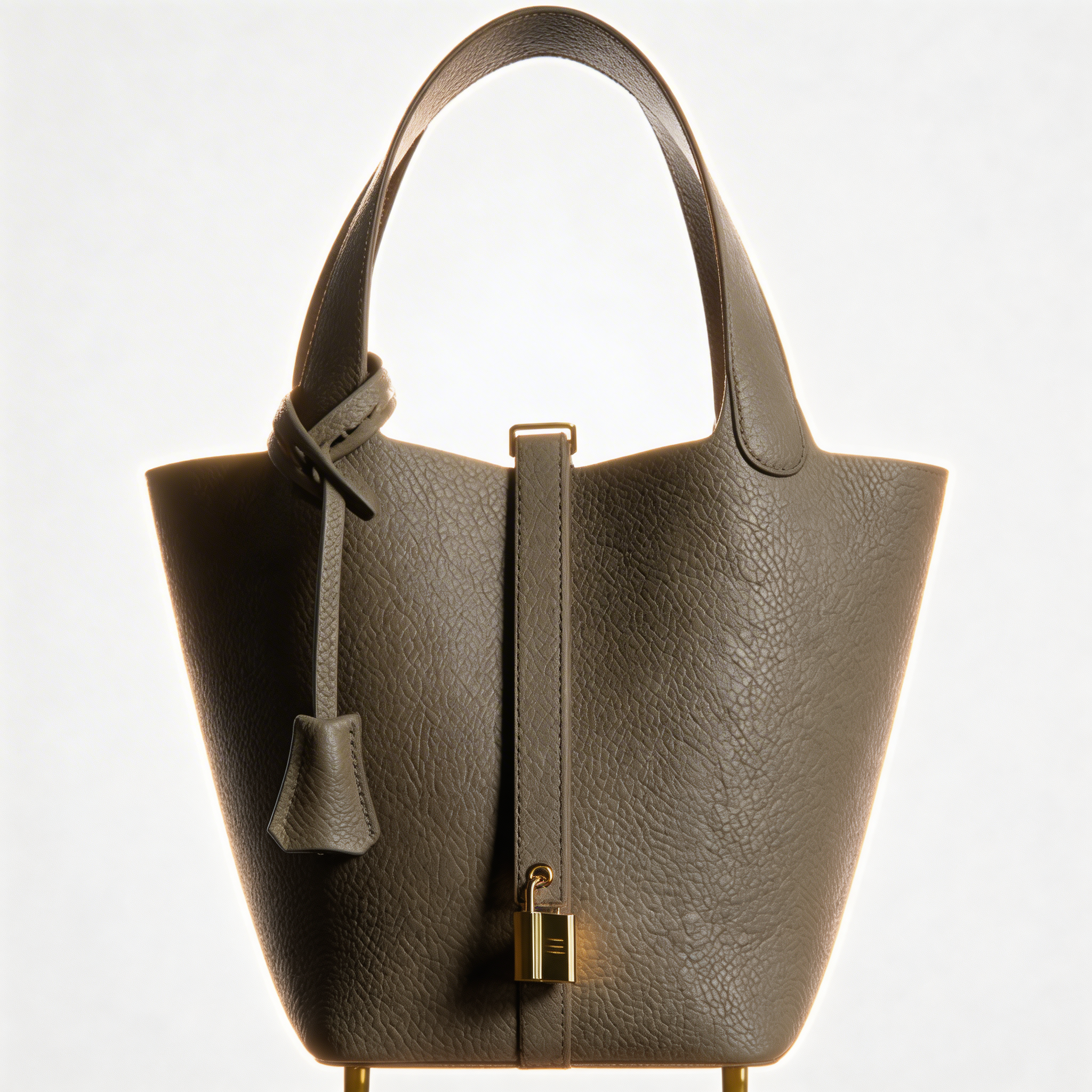 Etaupe khaki leather bucket picotin18 bag, classic structured satchel with mini lock accent and removable drawstring pouch.