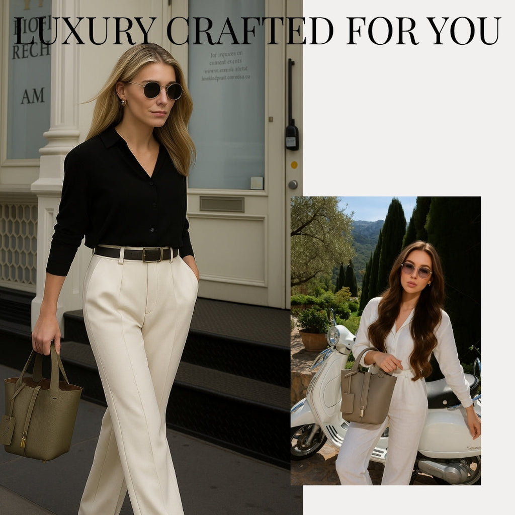 Etaupe vegan leather bucket bag, classic structured satchel with mini lock accent and removable drawstring pouch.