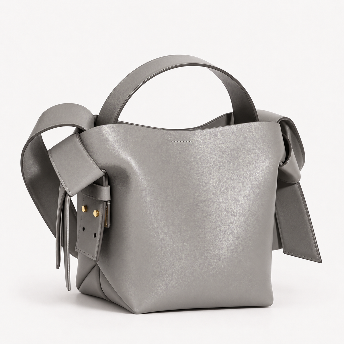 Gray Mini Leather Knot Shoulder Bag with Sculpted Sides and Gold Hardware