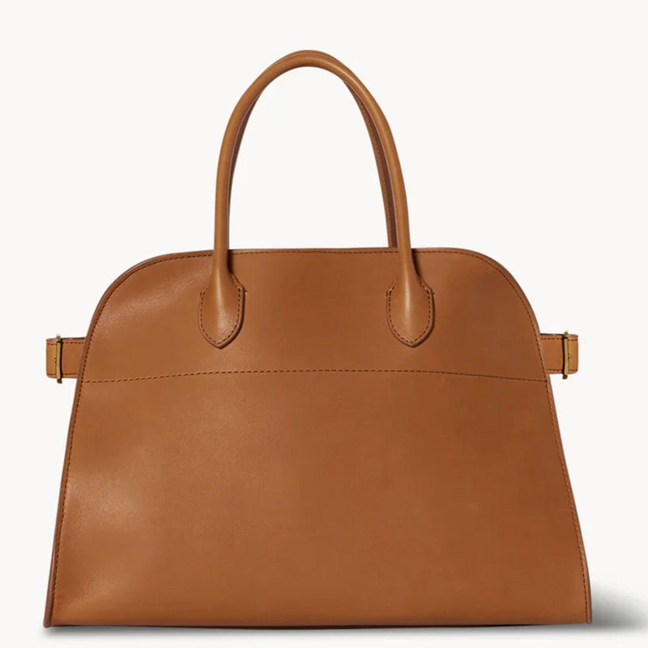 Compact brown tote bag with strap made from vegan PU leather, featuring a structured silhouette, top handles, and a modern minimal design.