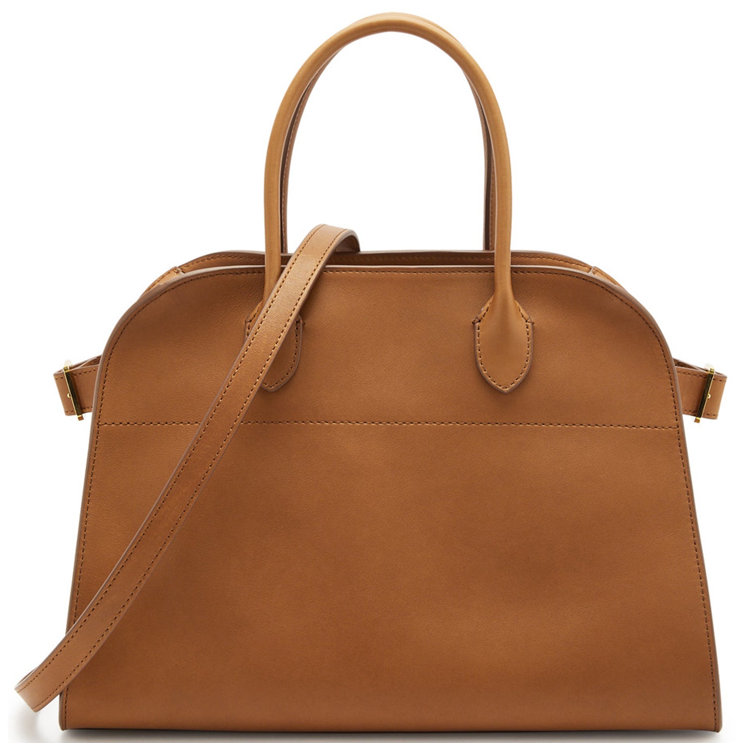 Brown compact structured leather tote bag with handles and strap.