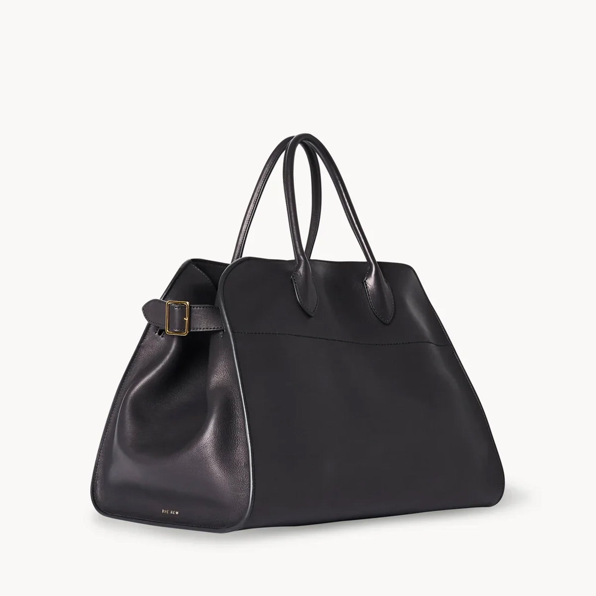 Black leather tote bag with toggle closure and side tabs