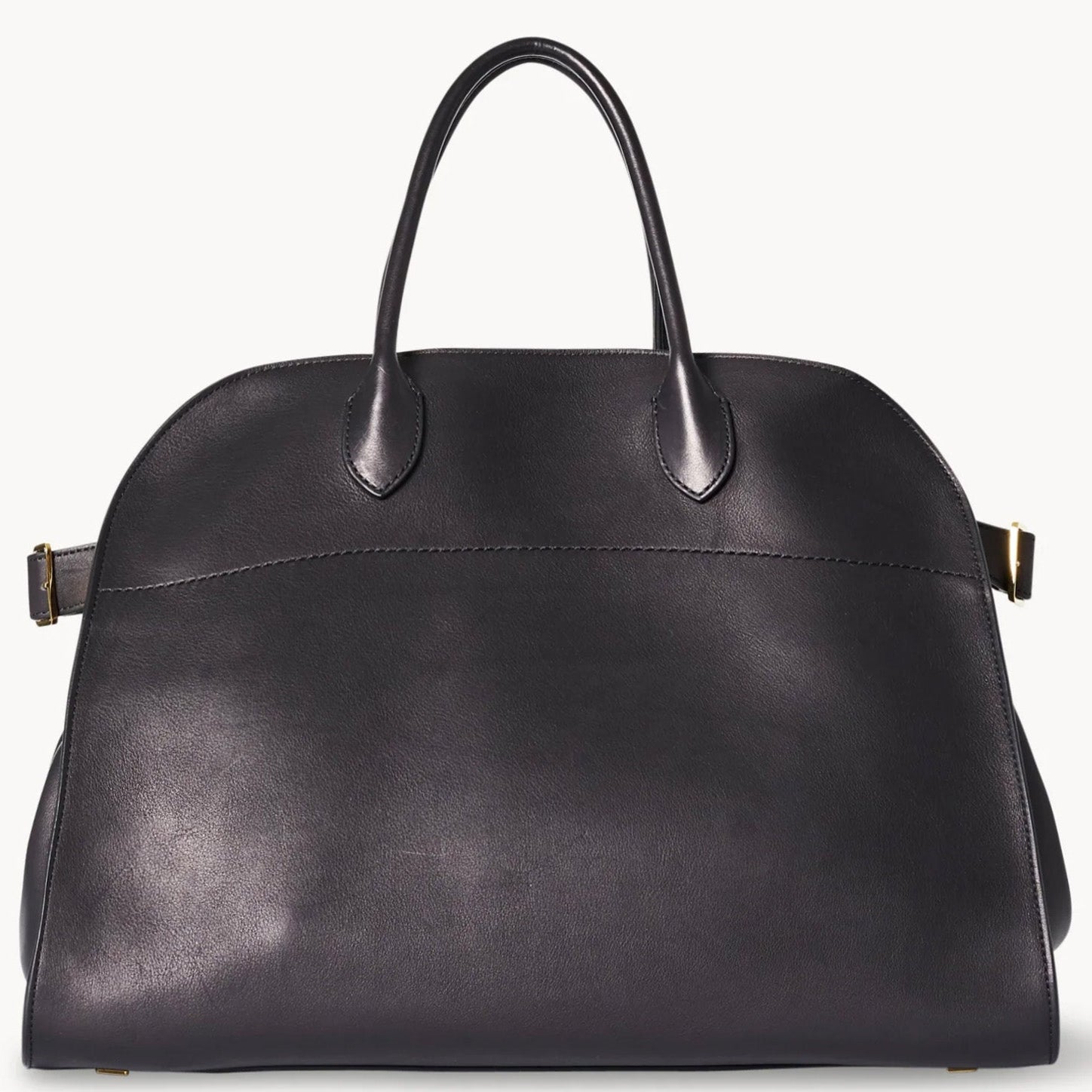 Black leather tote bag with toggle closure and side tabs