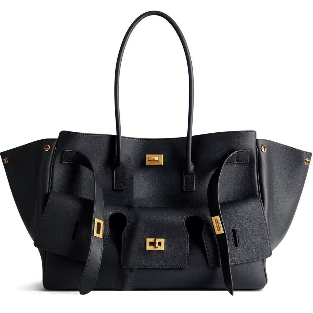 Black Medium Structured Leather Tote with Gold Hardware