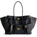 Black Medium Structured Leather Tote with Gold Hardware