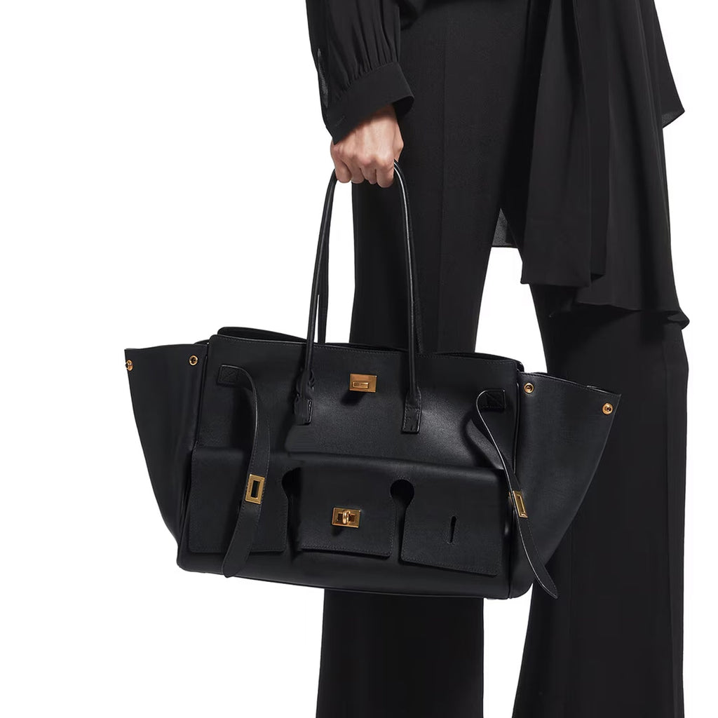 Black Medium Structured Leather Tote with Gold Hardware