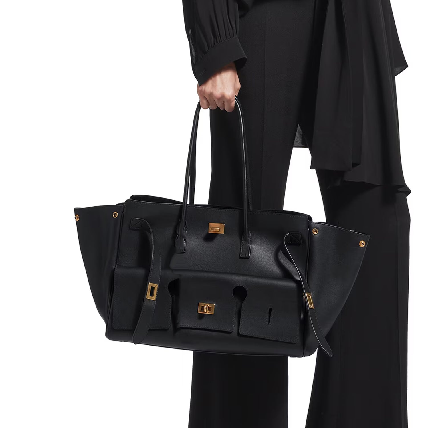 Black Medium Structured Leather Tote with Gold Hardware