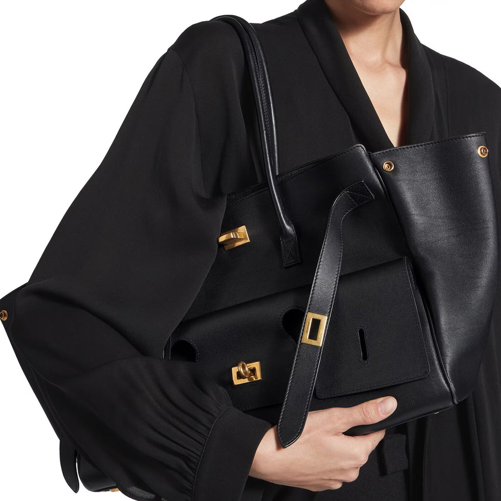Black Medium Structured Leather Tote with Gold Hardware