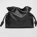 Black Medium Leather Clutch with Sculptural Knot Drawstring