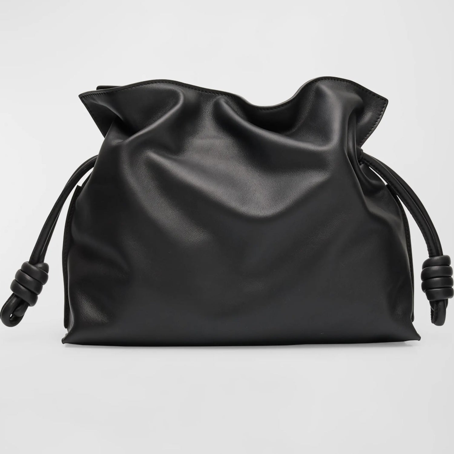 Black Medium Leather Clutch with Sculptural Knot Drawstring
