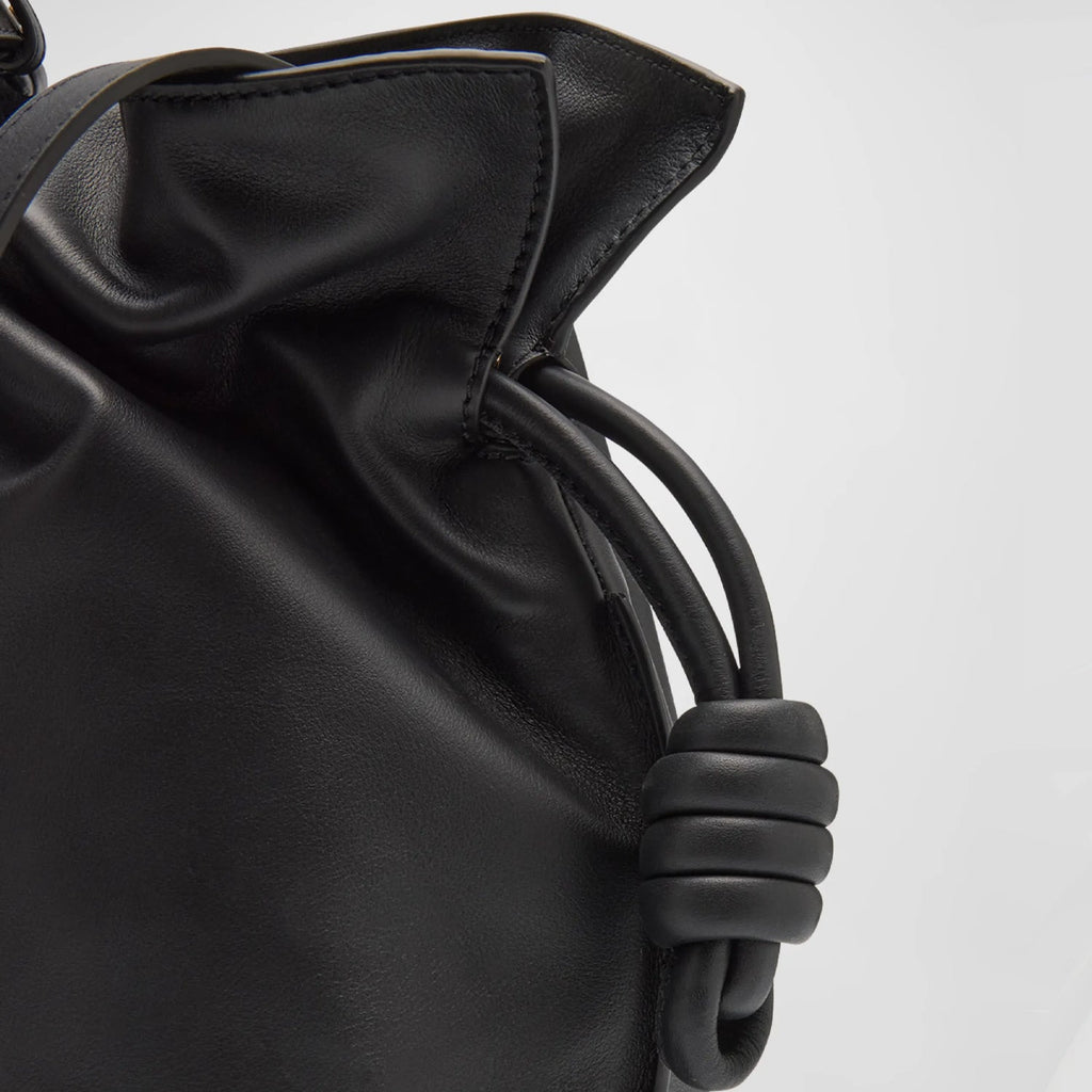 Close-Up of Knotted Drawstring Detail Black Medium Leather Clutch with Sculptural Knot Drawstring