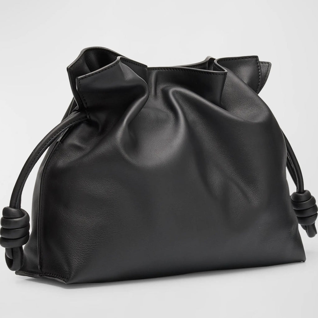 Black Medium Leather Clutch with Sculptural Knot Drawstring