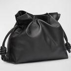 Black Medium Leather Clutch with Sculptural Knot Drawstring