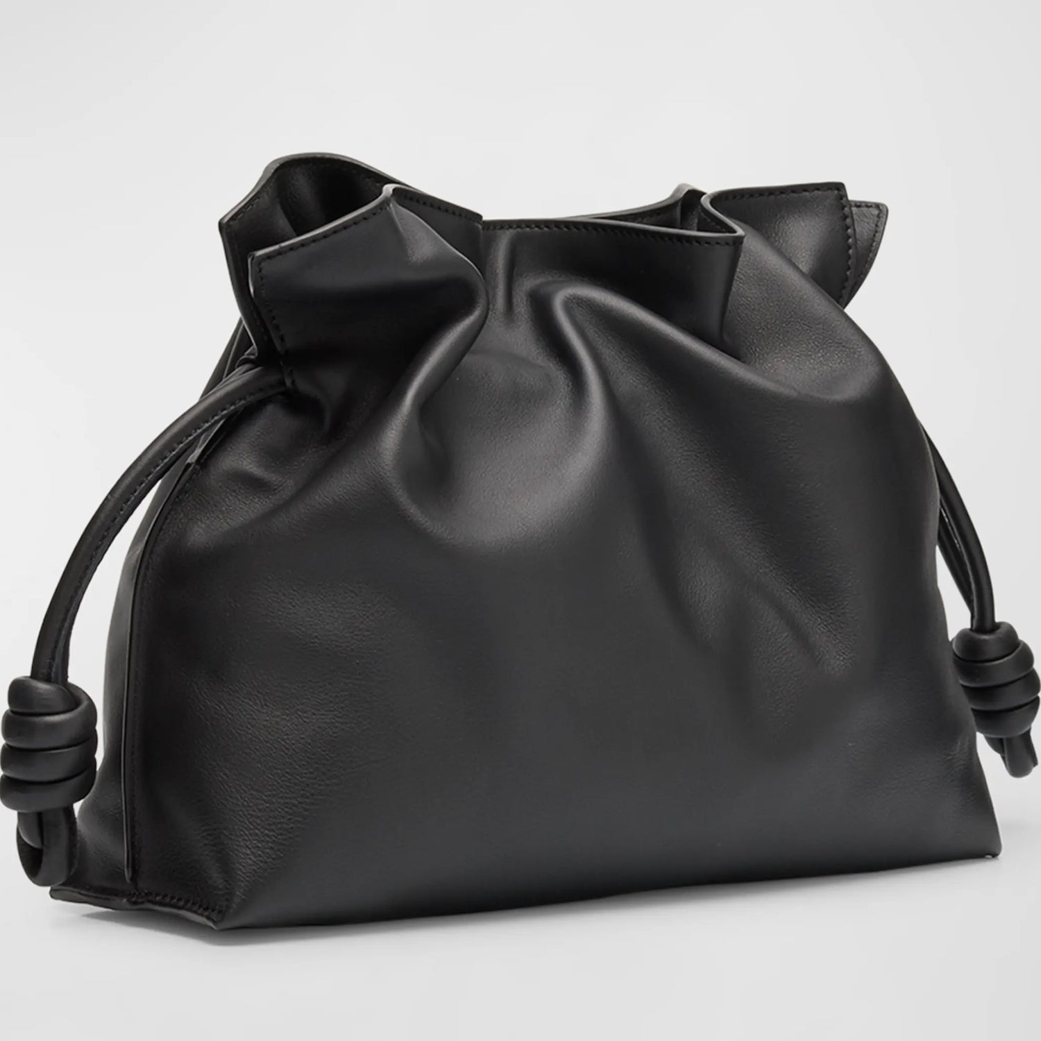 Black Medium Leather Clutch with Sculptural Knot Drawstring
