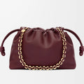 Dark Burgundy Leather Clutch with Soft Knot Drawstring and Gold Chain