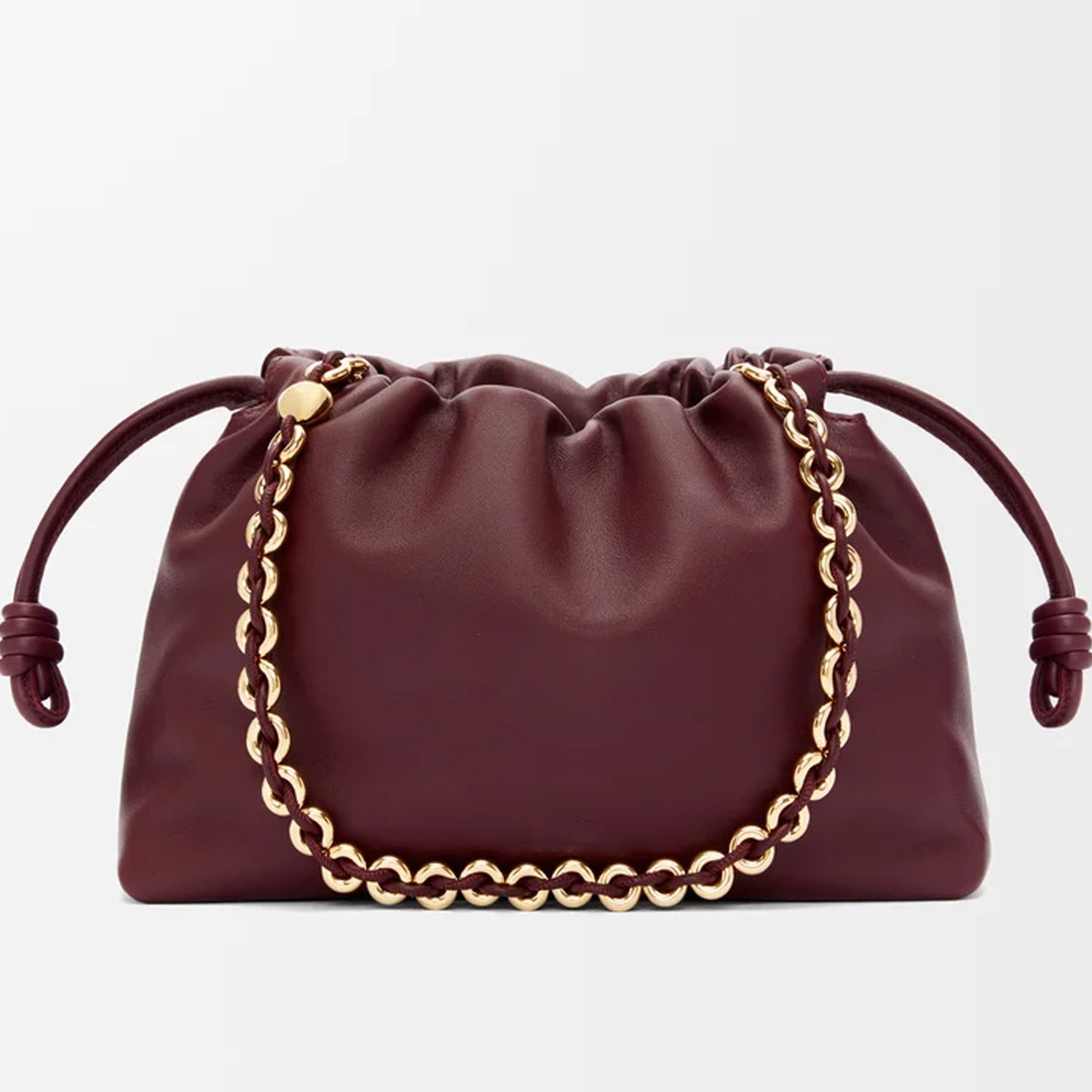 Dark Burgundy Leather Clutch with Soft Knot Drawstring and Gold Chain