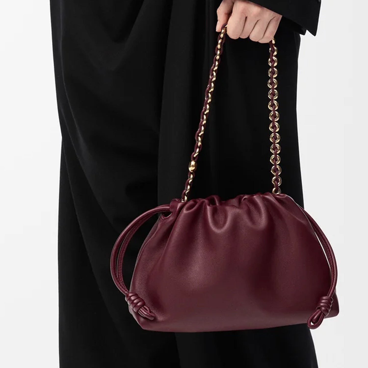 Dark Burgundy Leather Clutch with Soft Knot Drawstring and Gold Chain