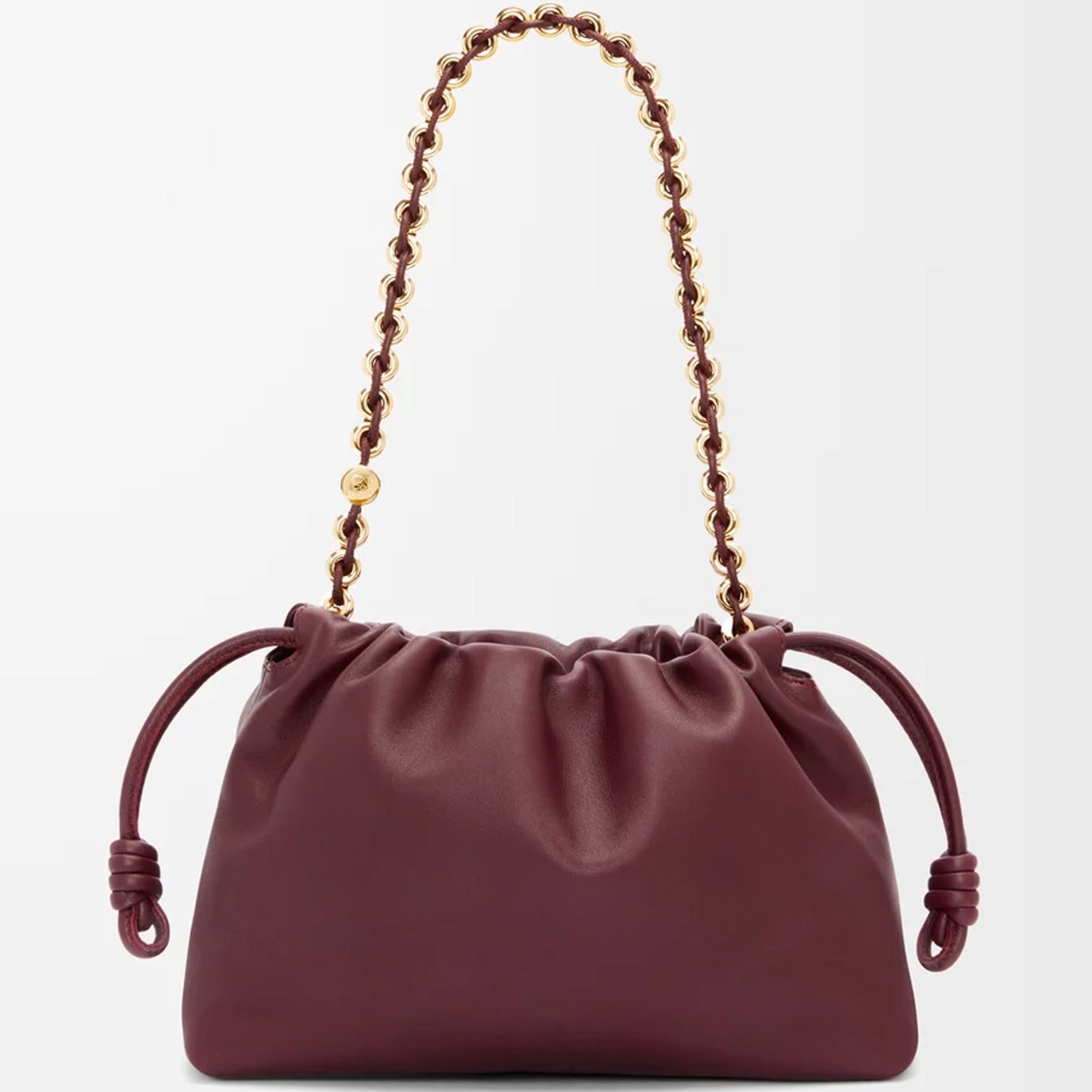 Dark Burgundy Leather Clutch with Soft Knot Drawstring and Gold Chain