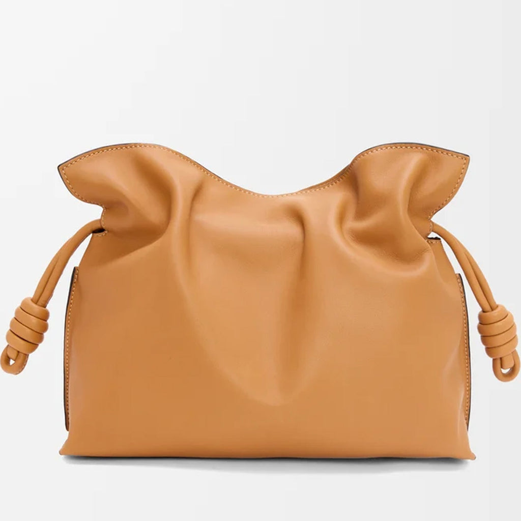 Warm Desert Medium Leather Clutch with Knotted Drawstring Closure