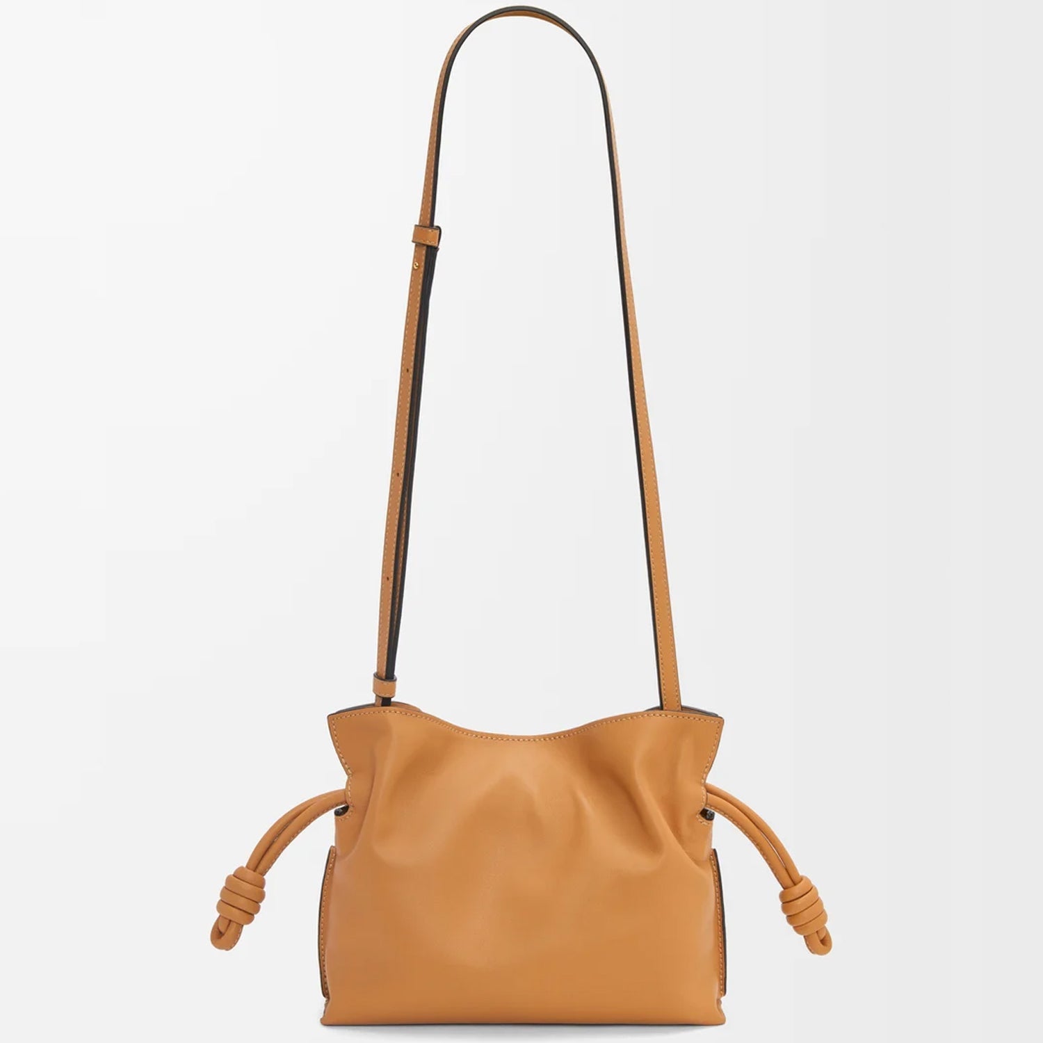 Drawstring Detail and Strap Attachment on Warm Desert Leather Bag
