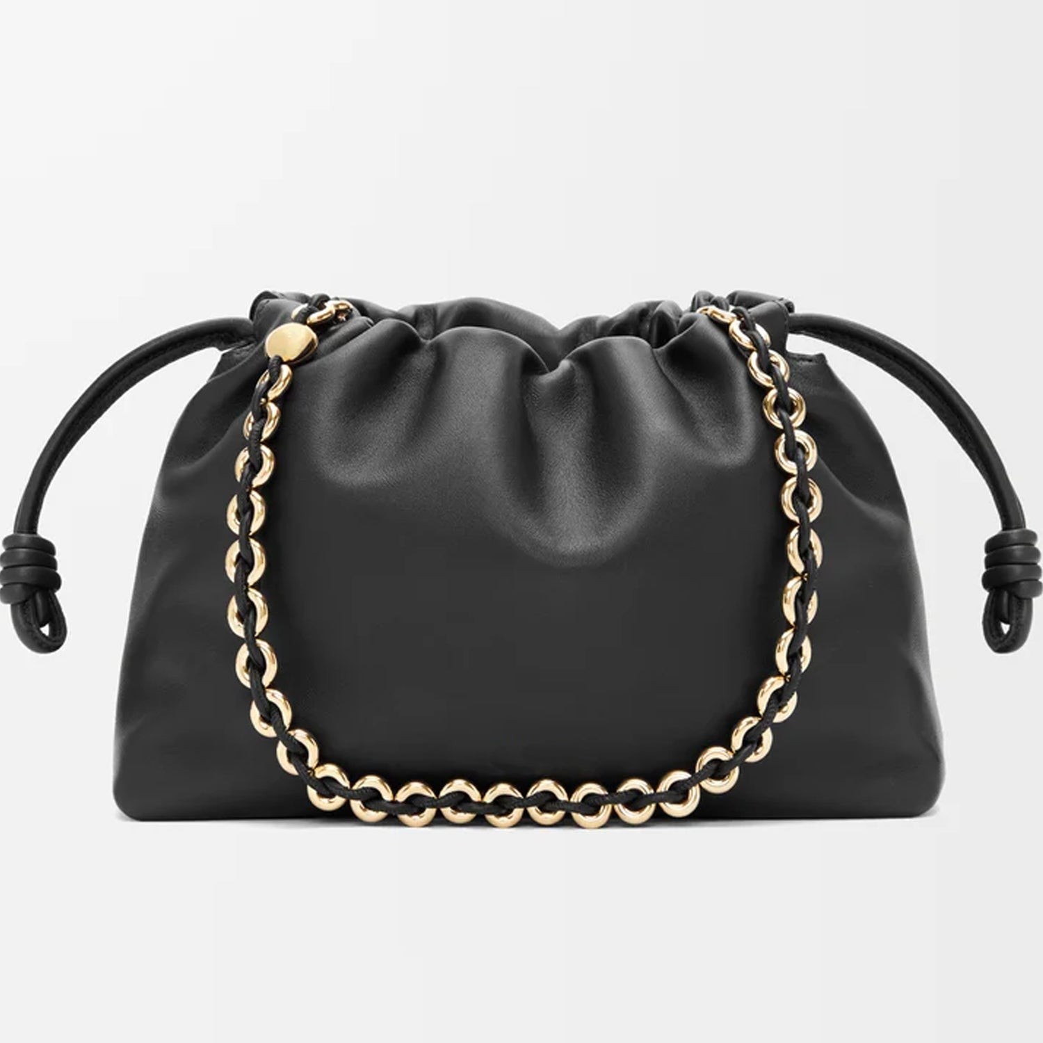 Medium Leather Clutch – Soft Knot Drawstring, Gold Chain