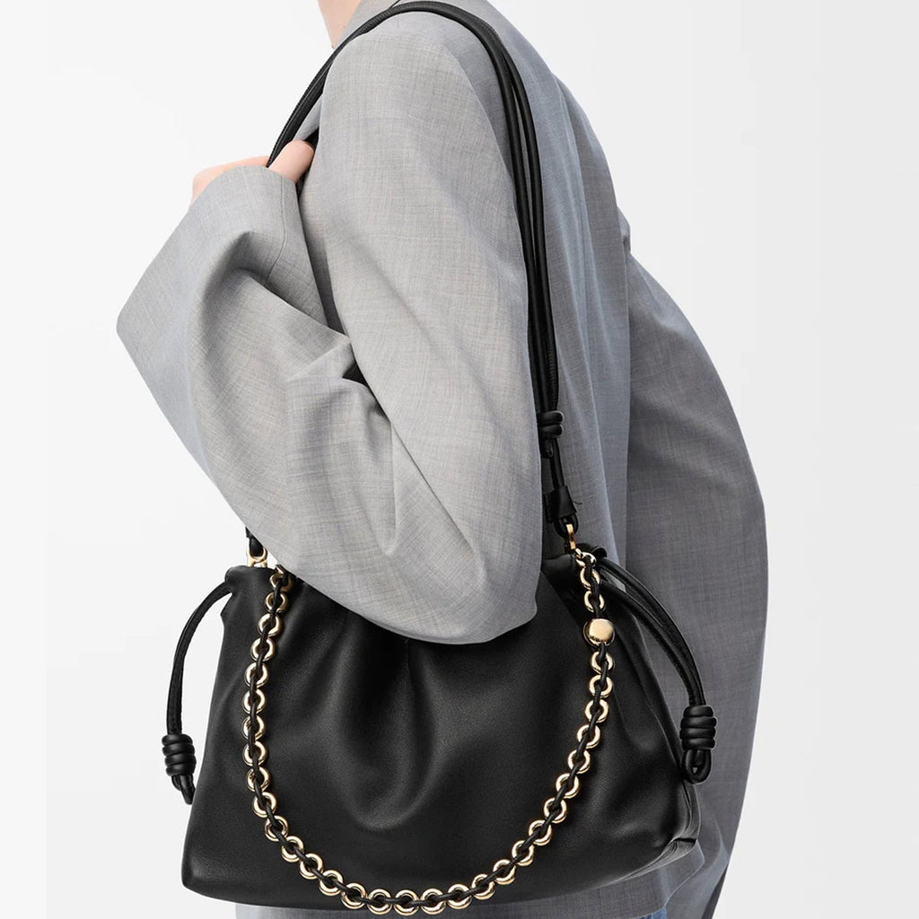 Medium Leather Clutch – Soft Knot Drawstring, Gold Chain