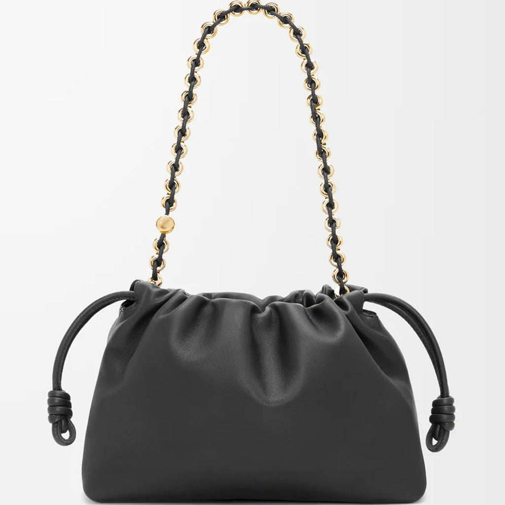 Medium Leather Clutch – Soft Knot Drawstring, Gold Chain