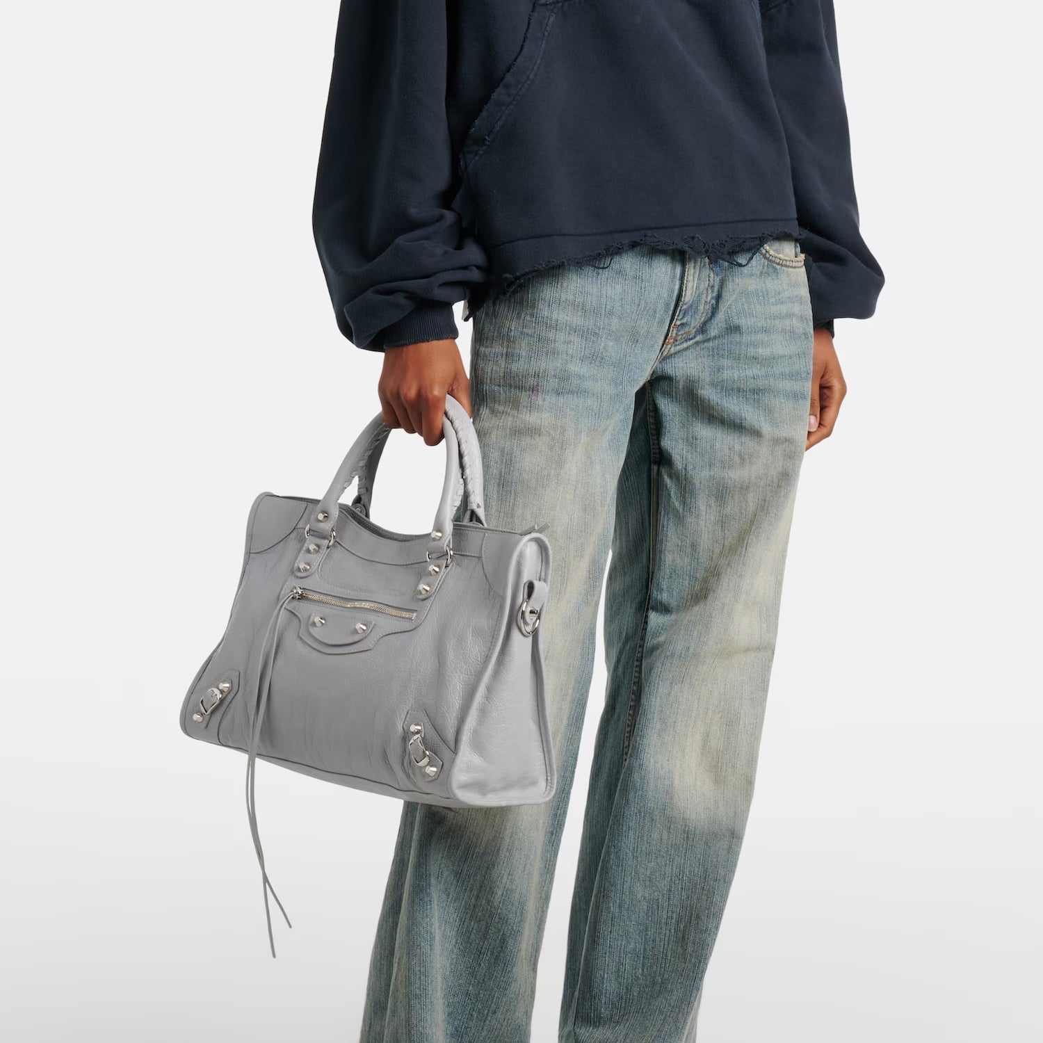 Light Gray Medium Leather Shoulder Bag with Moto Stud and Buckle Details