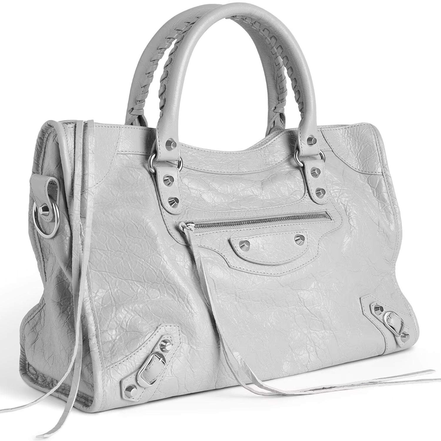 Light Gray Medium Leather Shoulder Bag with Moto Stud and Buckle Details