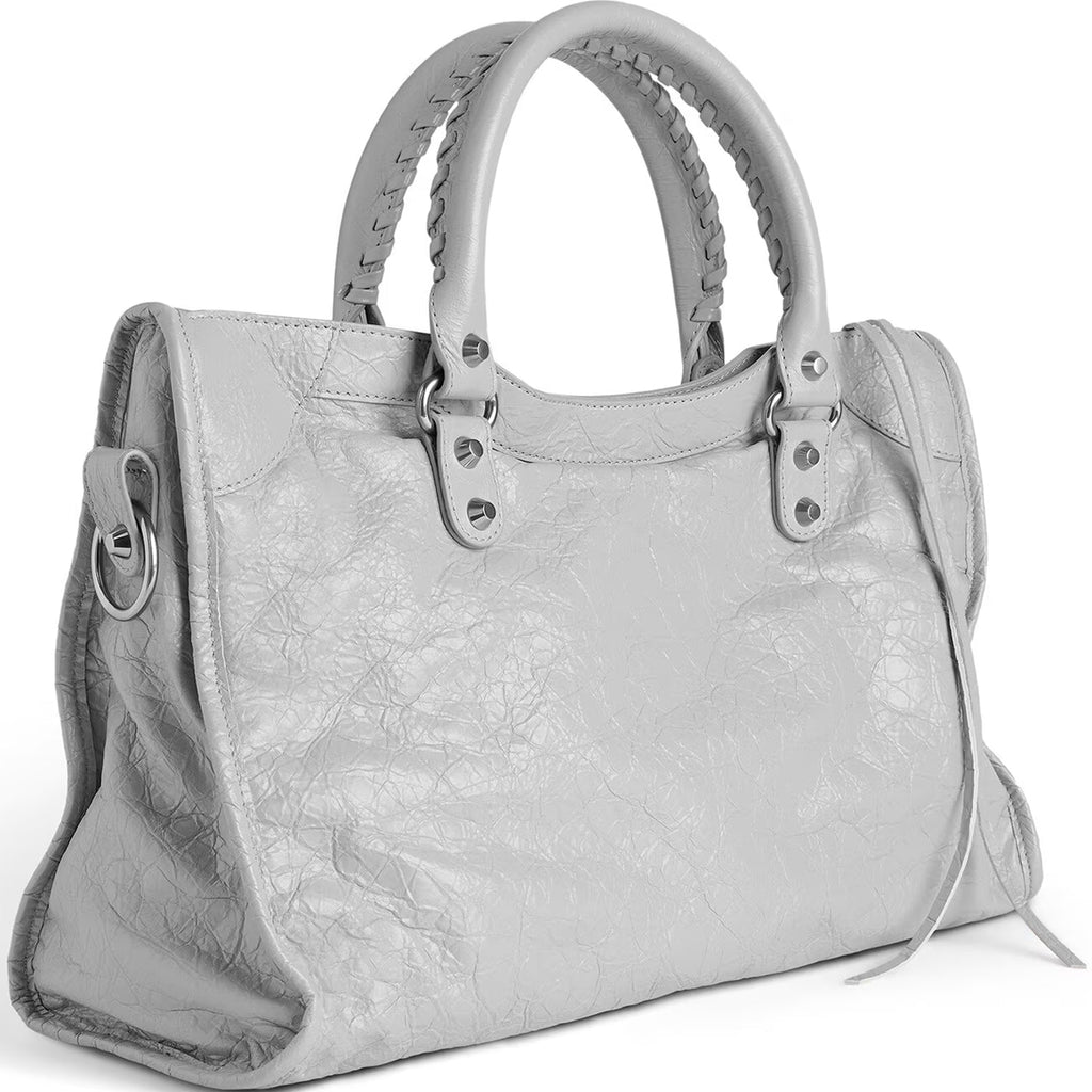 Light Gray Medium Leather Shoulder Bag with Moto Stud and Buckle Details