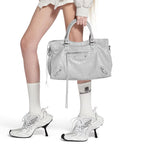 Light Gray Medium Leather Shoulder Bag with Moto Stud and Buckle Details