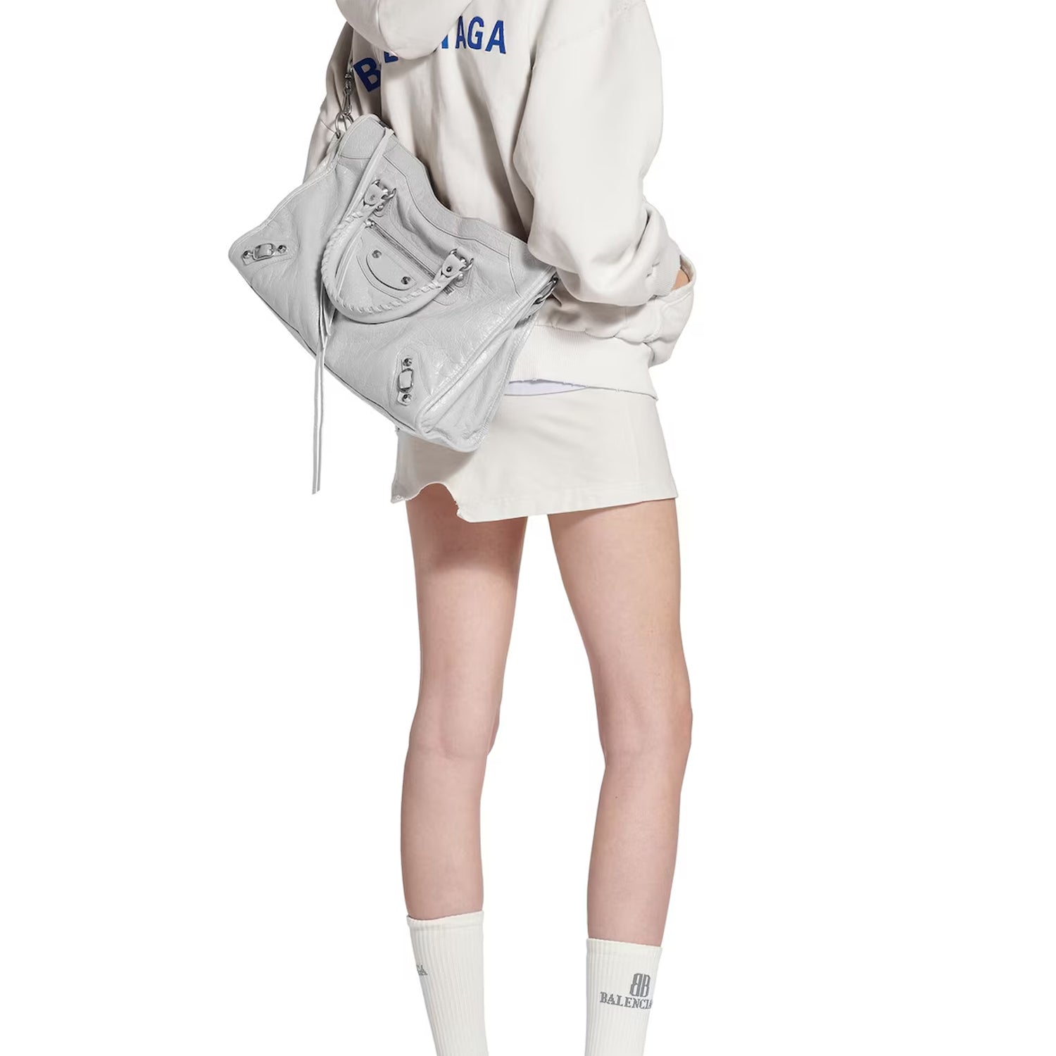 Light Gray Medium Leather Shoulder Bag with Moto Stud and Buckle Details