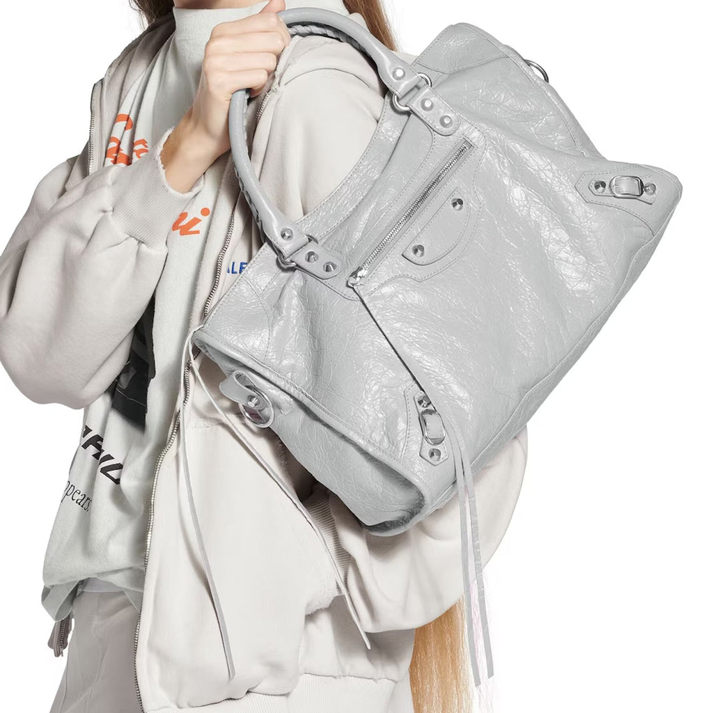 Light Gray Medium Leather Shoulder Bag with Moto Stud and Buckle Details