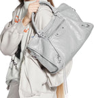 Light Gray Medium Leather Shoulder Bag with Moto Stud and Buckle Details