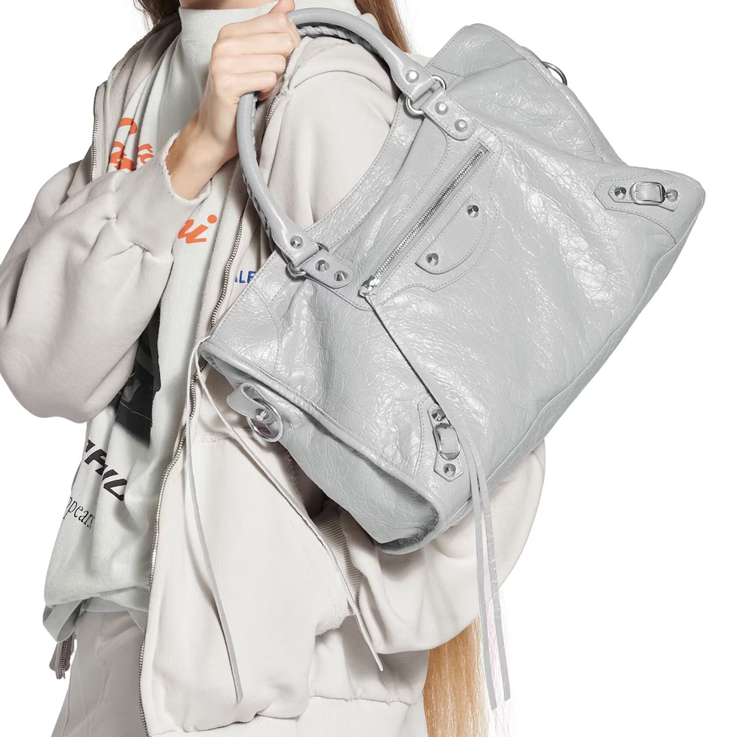 Light Gray Medium Leather Shoulder Bag with Moto Stud and Buckle Details