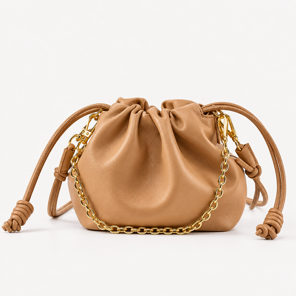 Sahara Mini Leather Clutch with Knotted Drawstring and Gold Chain