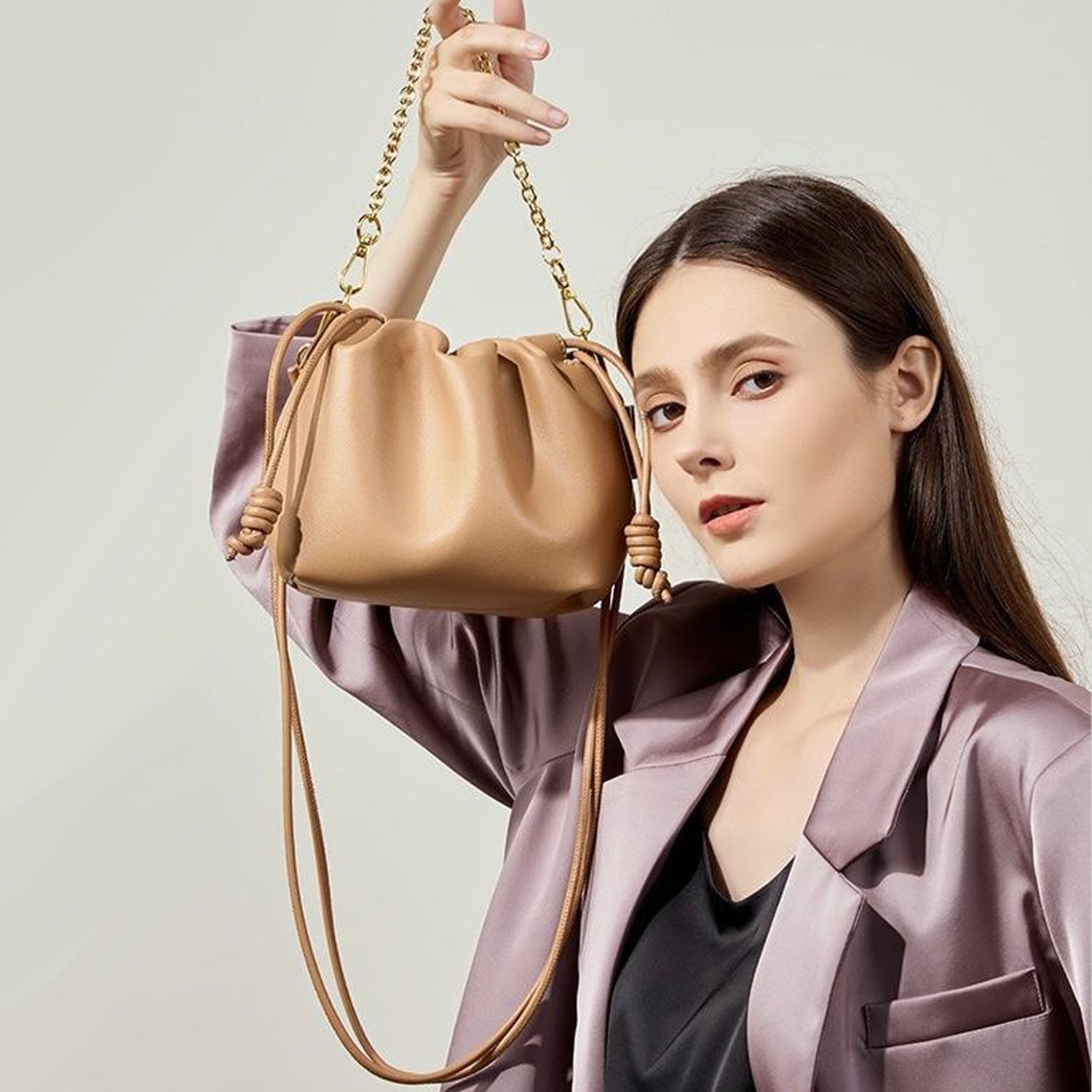 Sahara Mini Leather Clutch with Knotted Drawstring and Gold Chain